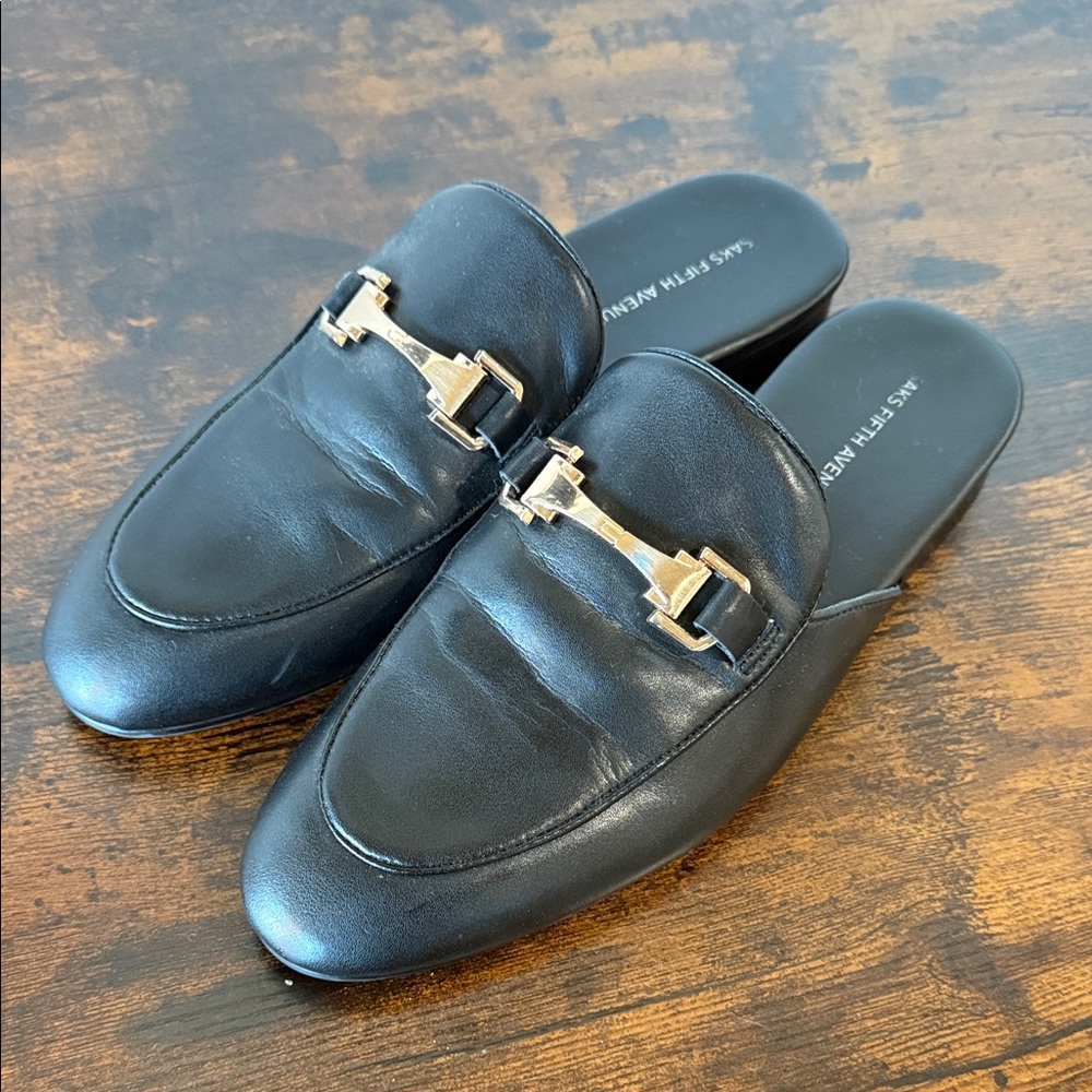 Saks Fifth Avenue Black Leather Slip-On Loafers with Gold Tone Bit